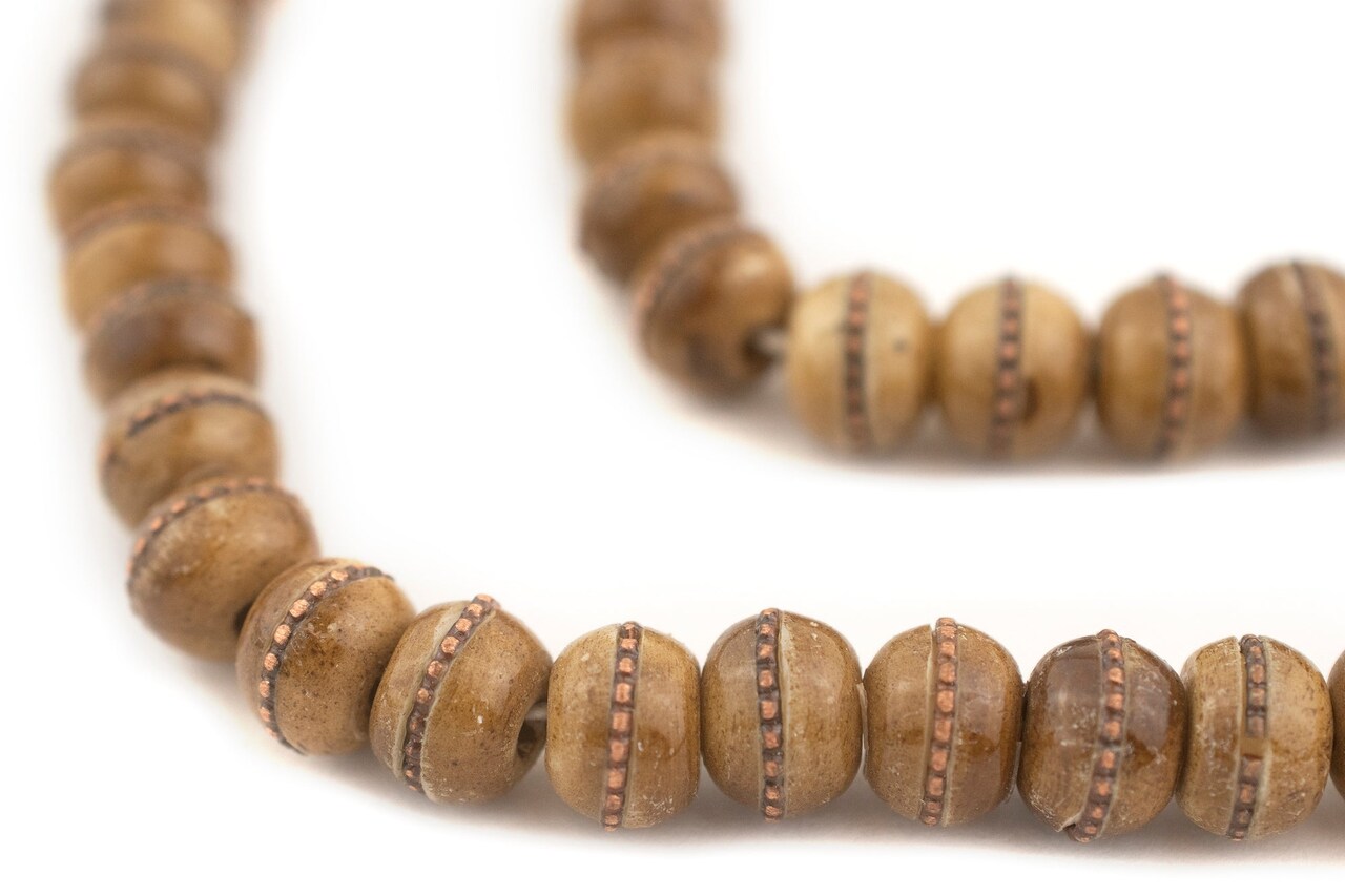The Bead Chest Copper Inlaid Rustic Brown Bone Mala Beads (10mm)